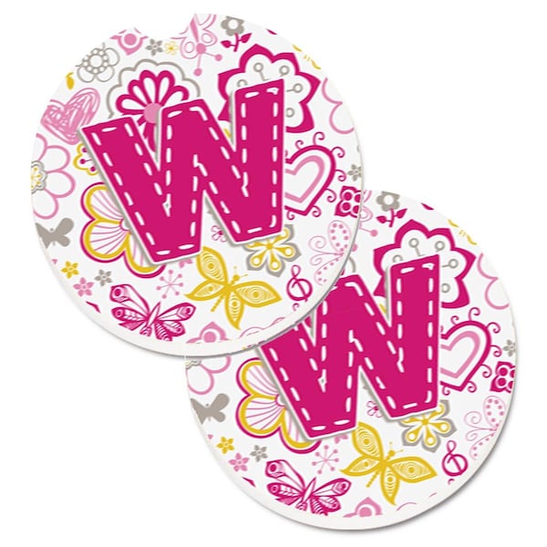 Carolines Treasures Letter W Flowers and Butterflies Pink Set of 2 Cup Holder Car Coaster CJ2005-WCARC - main